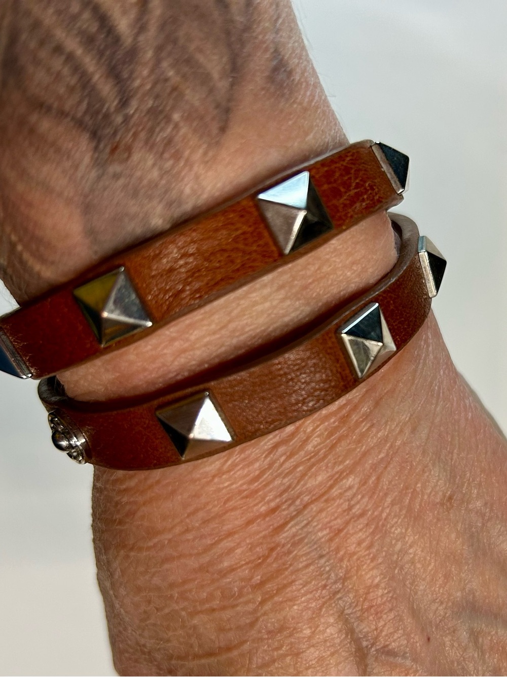 Retired Stella & Dot Pyramid Double
Wrap Bracelet - Brown Leather & Silver Studs